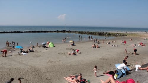 Plage animée avec baigneurs, nageurs et familles profitant du sable et de l'eau peu profonde près d'Autingues, France