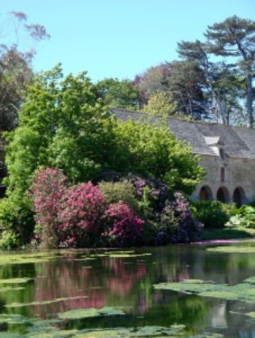 Château d'Alexis de Tocqueville in Tocqueville, France with blooming rhododendrons and pond reflections