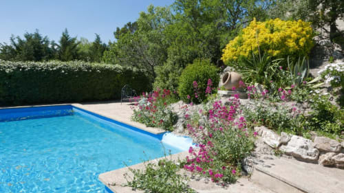 Mas des Artistes pool with magenta bougainvillea, yellow flowers, and Mediterranean garden in Mouriès