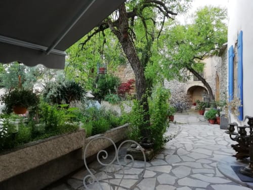 Courtyard garden at Mas des Artistes B&B in Mouriès with terracotta pots, gnarled tree, and blue shuttered buildings