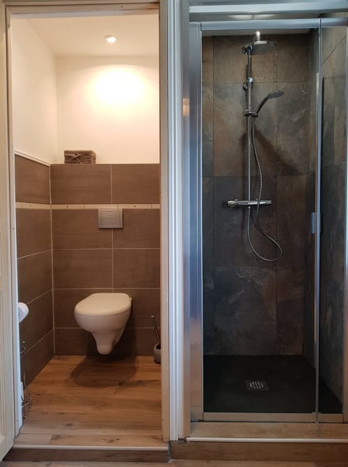 Salle de bain moderne à Aux Pays Des Sucs avec toilettes séparées, douche spacieuse, carrelage foncé et sol en bois.