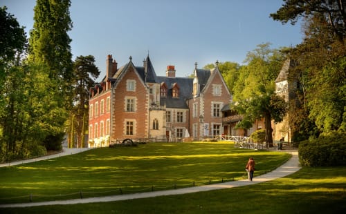 Château historique avec pelouse soignée entouré d'arbres aux Gîtes des Châteaux, Vallières-les-Grandes, France