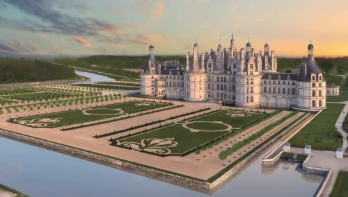 Vue aérienne du Château de Chambord avec jardins à la française et Loire, Vallières-les-Grandes