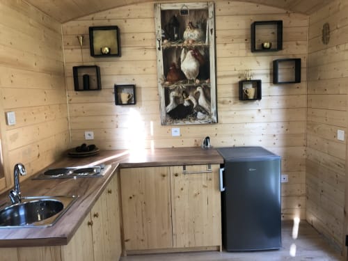 Petite cuisine chaleureuse en bois dans La roulotte au Moulin De La Chevrière à Saché, décorée d'une toile de coq et d'électroménagers noirs
