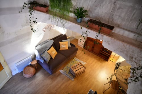 Petit gîte troglodytique confortable aux Châteaux avec canapé marron, plantes en pot, parquet et lumière naturelle