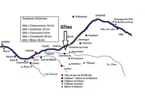Carte des châteaux de la vallée de la Loire près des Gîtes des Châteaux à Vallières-les-Grandes, indiquant distances et attractions.