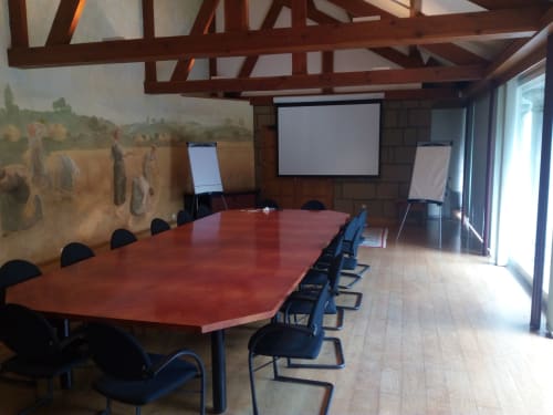 Moderner Konferenzraum auf Château d'Hassonville mit rotem Tisch, Projektionsleinwand und historischen Wandmalereien in Marche-en-Famenne