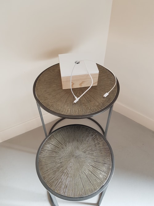 Minimalist side table with woven top at Hotel Au Bon Coin, Biarritz