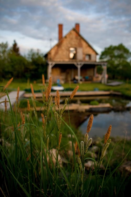 Rustic brick farmhouse at Les gîtes des châteaux in Vallières-les-Grandes with pond and cattails