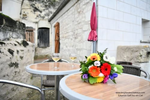 Terrasse extérieure du gîte Les Gîtes des Châteaux avec fleurs colorées, verres de vin et parasol rose