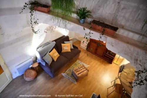 Salon cosy de gîte avec canapé sombre, coussins jaunes, parquet, plantes suspendues et vue sur la rivière