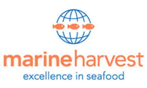 Marine Harvest Meeresfrüchte-Logo mit Globus und Fischsymbolen für Château d'Hassonville in Marche-en-Famenne