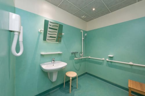 Salle de bain accessible de Un Air De Famille B&B à Vittel : murs turquoise, barres d'appui, lavabo sur colonne et douche.