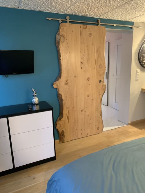 Camera moderna nel gîte di Dylan presso La Maison D'ambrine con porta scorrevole in stile rustico, pareti teal e pavimento in legno