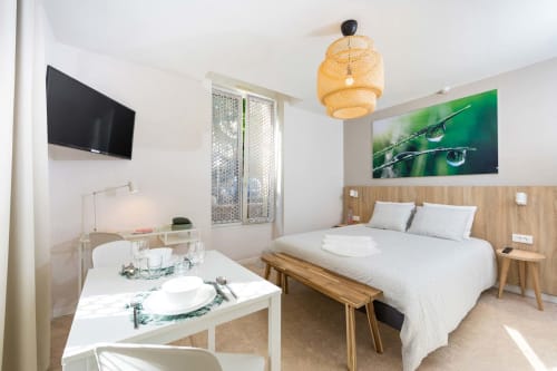 Studio moderne à Un Air De Famille à Vittel avec lit, espace de travail, TV écran plat et luminaire suspendu en osier