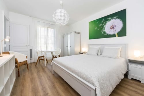 Studio moderne à Un Air De Famille, Vittel - chambre lumineuse avec lit blanc, œuvre de pissenlit, lustre en cristal
