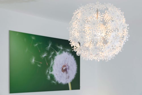 Luminaire suspension design inspiré de la fleur de pissenlit au-dessus d'une œuvre verte au Studio 328 d'Un Air De Famille, Vittel