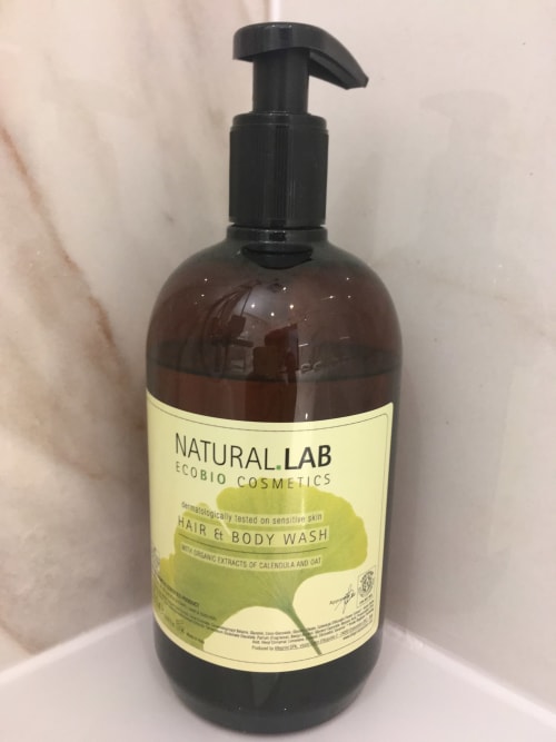 Natural Lab Ecobio hair and body wash bottle with pump dispenser at Le château d'Hermonville