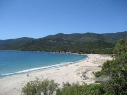 Pristine sandy beach at Villas Marincelu with turquoise waters, white sand, and forested mountains in Porto Pollo, Corsica