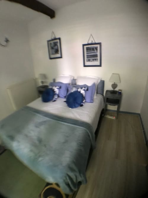 Chambre Double Blue à L'affable B&B aux Cammazes, vue sur le jardin et équipements modernes