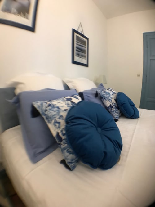 Chambre double bleue à L'affable B&B aux Cammazes avec vue sur le jardin et literie confortable