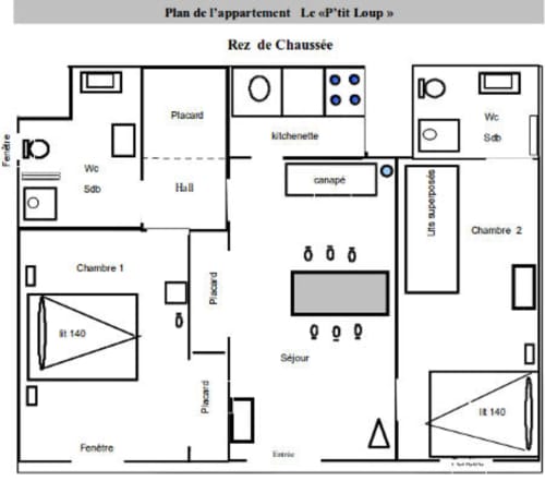 Floor plan of Le P'tit Loup apartment at Chalet La Louvière, Fontcouverte-La Toussuire, with 2 bedrooms, kitchen, living