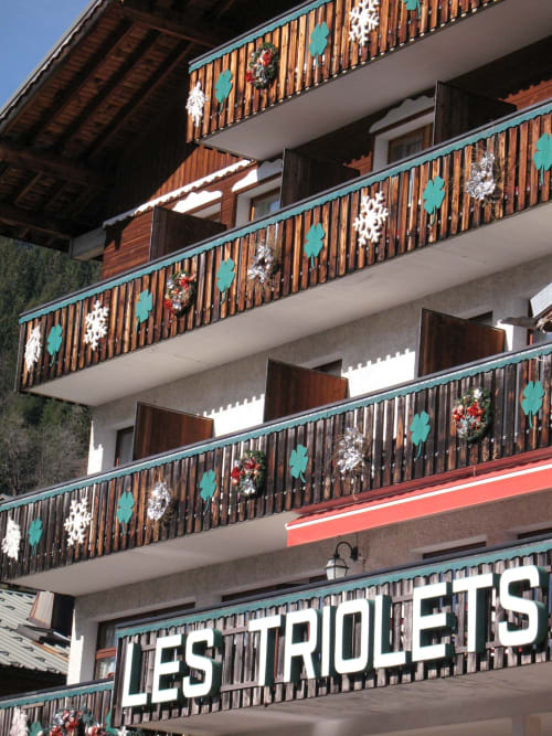 Decorated hotel facade, winter.