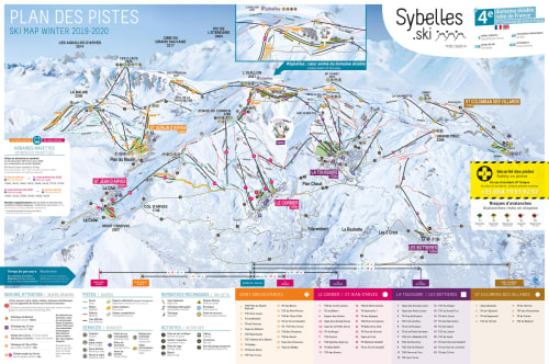 Sybelles skipiste kaart winter 2019-2020 met La Toussuire en omliggende pistes bij Chalet La Louvière, Fontcouverte