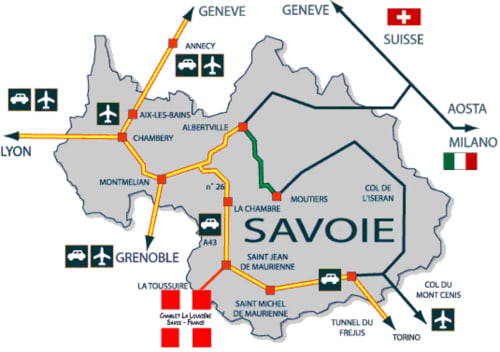 Kaart van de regio Savoie met de locatie van Chalet La Louvière in La Toussuire, met routes naar Genève, Lyon, Milano en Torino
