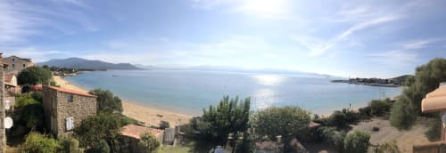 Villas Marincelu coastal view in Porto Pollo, Corsica with Mediterranean sea, sandy beach and mountains
