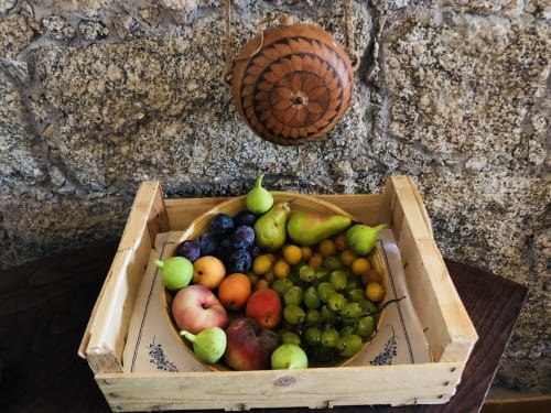 Panier de fruits frais aux Villas Marincelu à Serra di Ferro : poires, raisins, pommes et baies