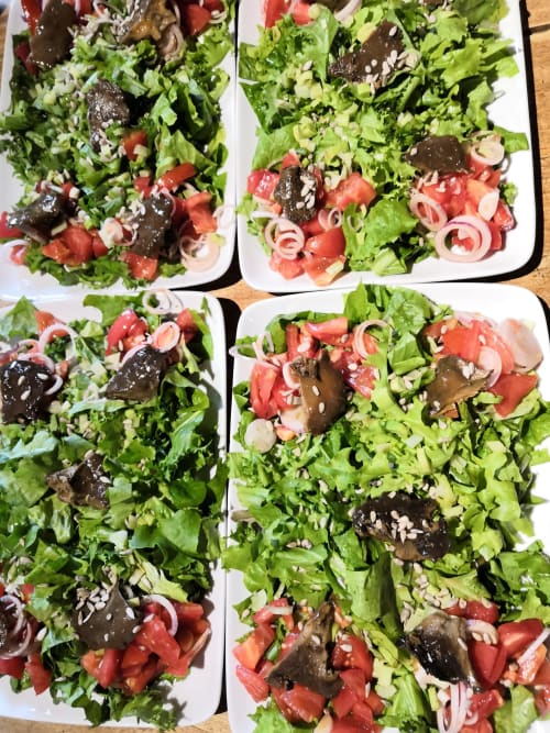 Quatre salades vertes mixtes fraîches garnie de tomates, betteraves, graines de sésame et oignons à La Petite étoile D'hôtes En Mercantour,