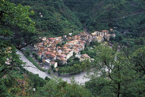 Vue aérienne d'un village  dans la vallée de Mercantour avec rivière et montagnes forestières