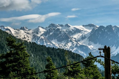 Les Alpes enneigées dominant les pentes boisées près de La Petite étoile D'hôtes En Mercantour, Saint-Dalmas-le-Selvage