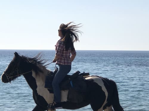 Woman riding black and white horse on beach at Villas Marincelu, Porto Pollo, Corsica