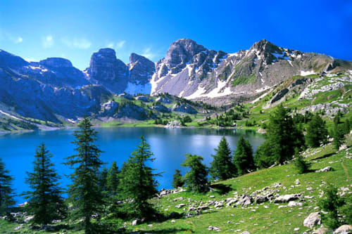 Lac alpin entouré de sapins et de pics enneigés près de Saint-Dalmas-le-Selvage, région Mercantour