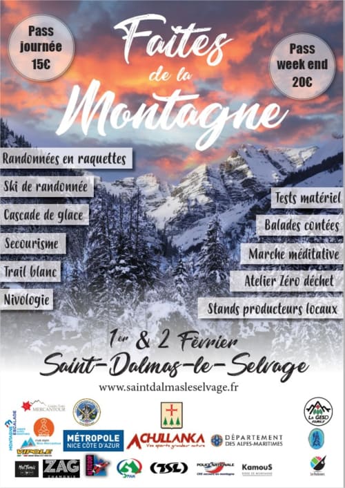 Affiche du festival Fêtes de la Montagne à Saint-Dalmas-le-Selvage avec activités montagne, 1-2 février