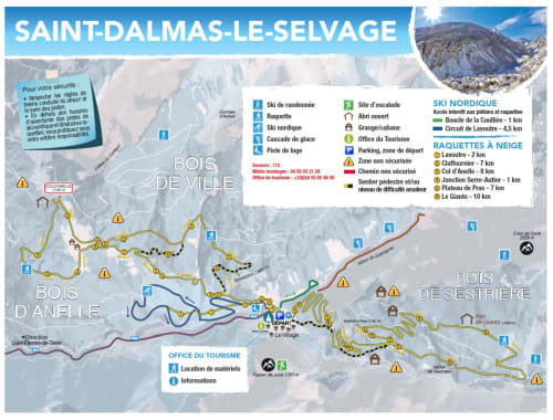 Carte des sentiers de Saint-Dalmas-le-Selvage avec itinéraires de randonnée, pistes de ski et points d'intérêt en région Mercantour.