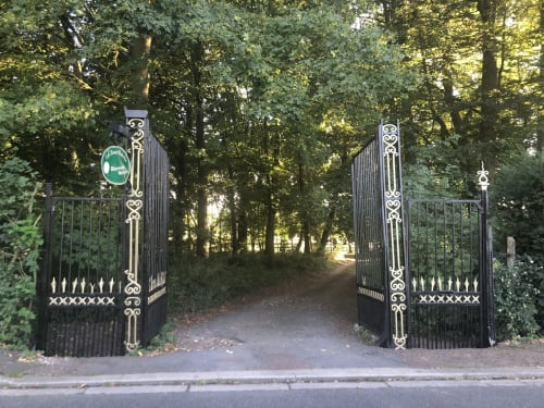 Portail en fer forgé ouvragé ouvrant sur une allée bordée d'arbres à La Tour Blanche, Forest-Montiers