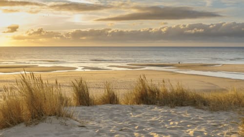 Coucher de soleil doré sur la plage de La Tour Blanche, Forest-Montiers avec dunes, oyats et eaux calmes