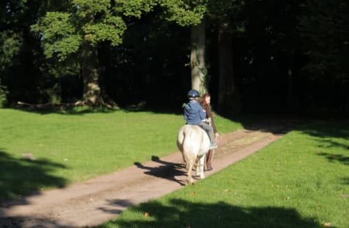 Enfant à cheval sur un sentier bordé d'arbres au gîte La Tour Blanche à Forest-Montiers, France