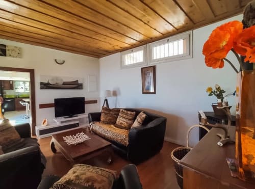 Salon cosy du gîte Les Terrasses Du Volcan avec canapé noir, plafond en bois, téléviseur et fleurs oranges
