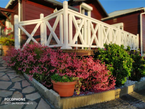 Gîte Les Terrasses Du Volcan au Tampon : balustrade blanche, plantes fleuries roses, maison aux toits rouges sous ciel dégagé