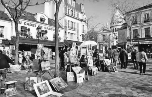 Photo en noir et blanc des artistes de paris face au restaurant Au cadet de Gascogne.