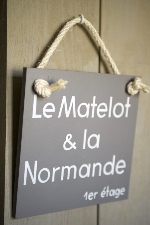 Panneau en bois gris inscrit « Le Matelot & la Normande 1er étage » suspendu à un mur beige par une corde, indiquant le premier étage
