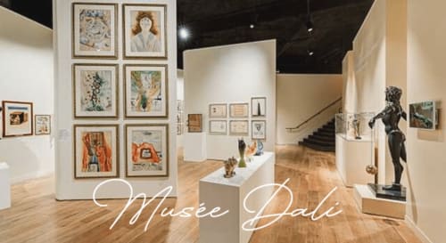 Musée Dalí exhibition gallery with framed artworks and sculptures in Paris