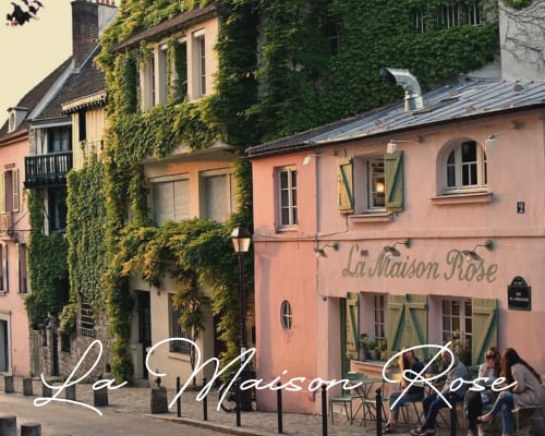 La Maison Rose café in Montmartre, Paris - charming pink building with ivy-covered walls and outdoor seating