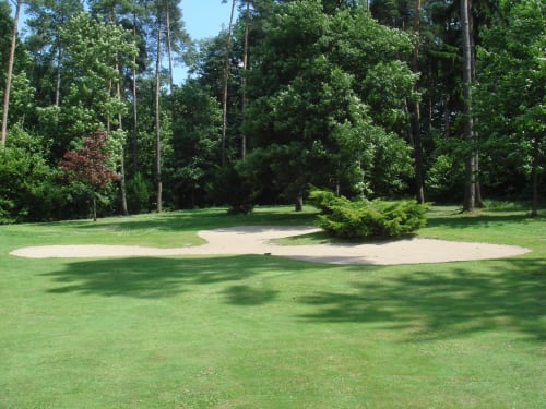 Bunkers de golf entourés d'herbe verte luxuriante et de grands arbres à Un Air De Famille à Vittel