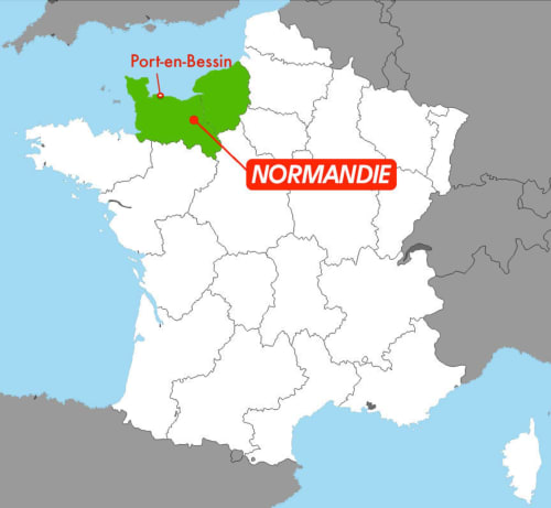 Karte Frankreichs mit hervorgehobener Normandie und Lage von Port-en-Bessin für das Hotel Les Filles du Bord de Mer