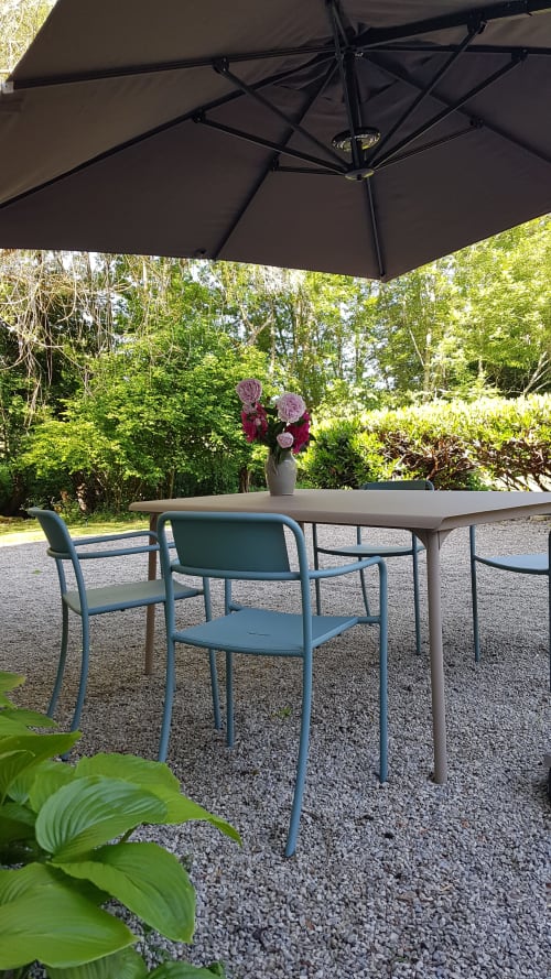 Buitenterras met blauwe stoelen onder zwarte parasol, roze bloemen in vaas, weelderige tuin bij Moulin Renaudiots